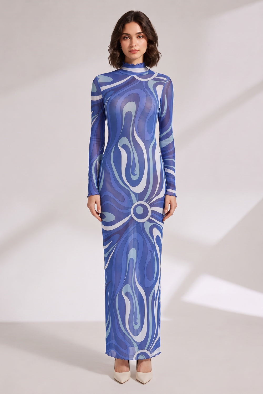 BLUE ABSTRACT PRINT LONG SLEEVE MAXI DRESS