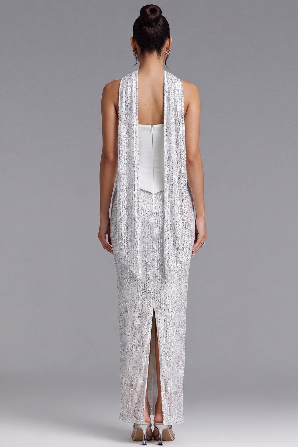 de7eb4e28caa263d WHITE STRAPLESS SEQUIN GOWN SILVER SCARF COCKTAIL