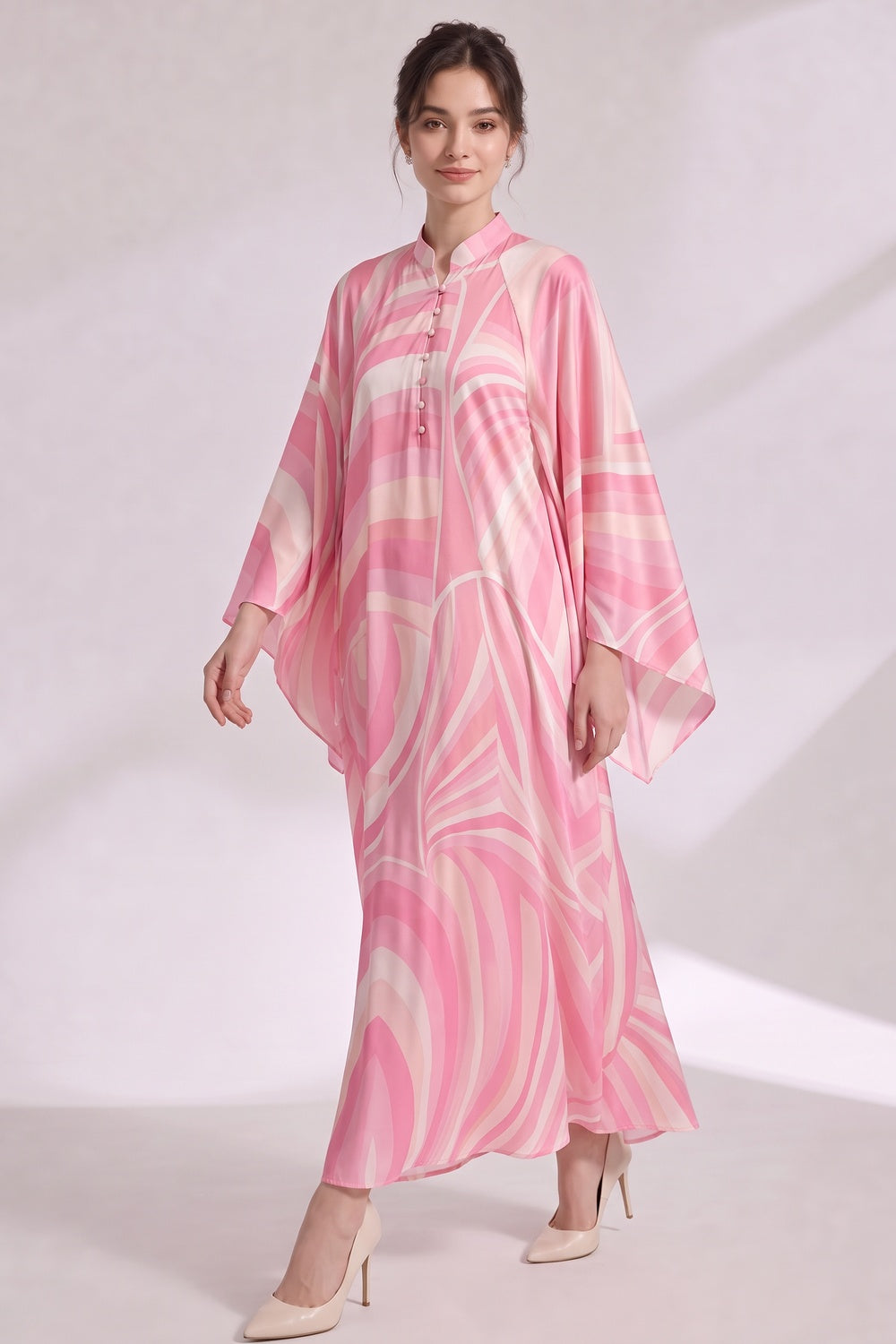 de8953995f5eb998 PINK SILK SATIN PSYCHEDELIC SWIRL KAFTAN DRESS