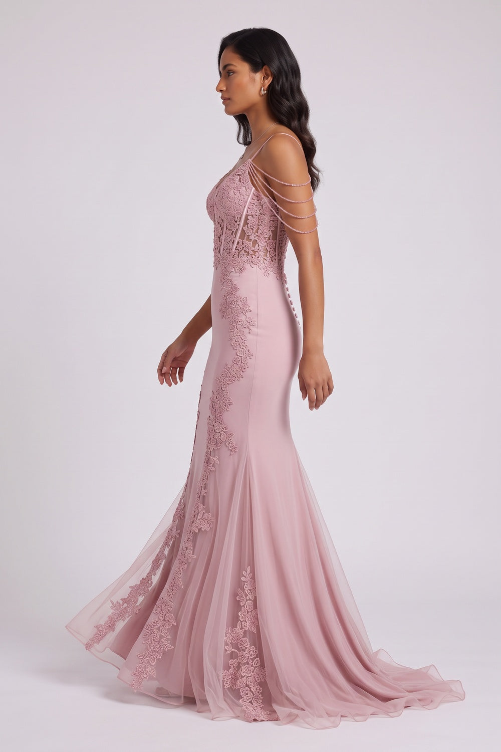 deae47c66954b7a0 BEADED LACE CORSET MERMAID TULLE EVENING GOWN