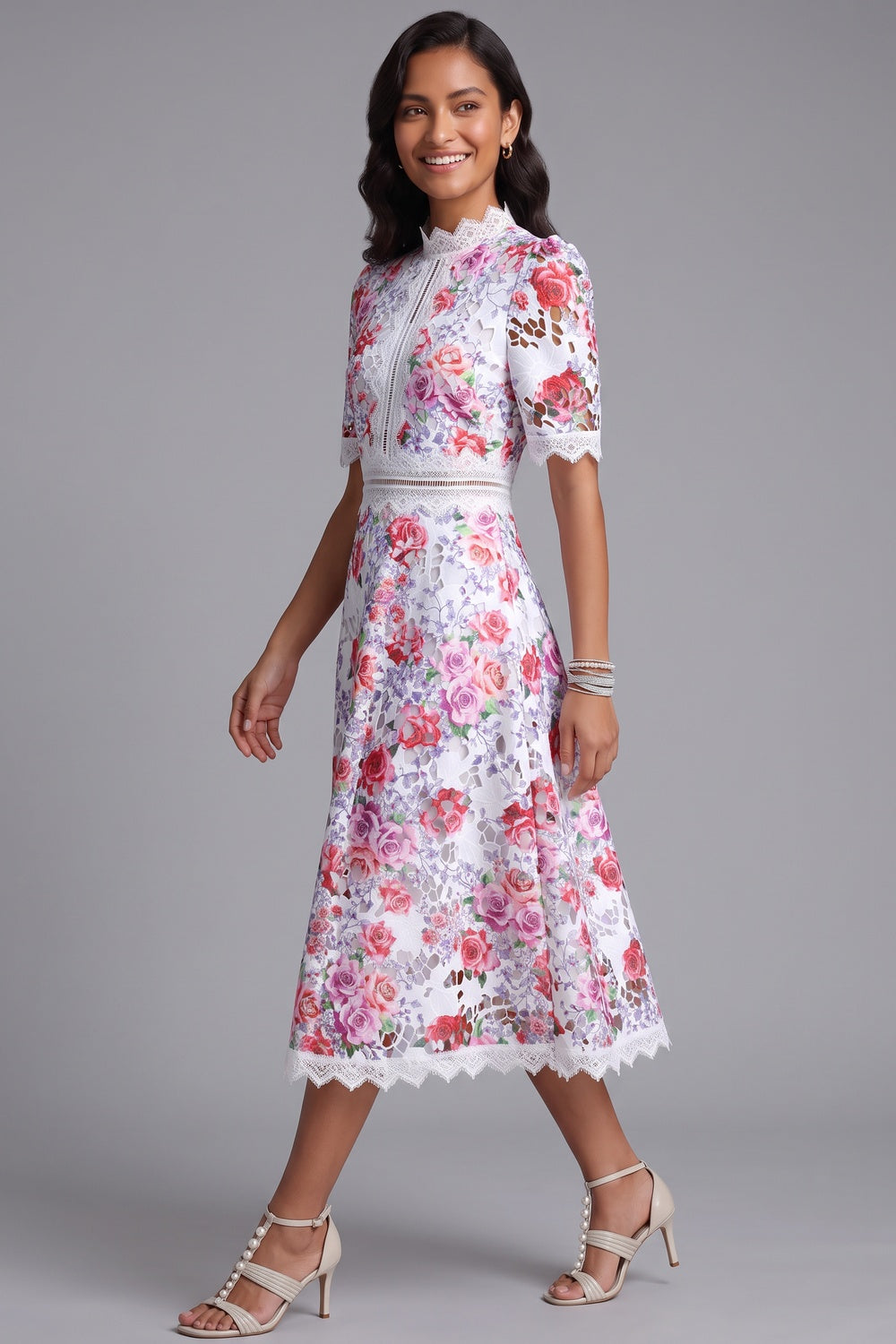 df3a5e4c4f19ed9c WHITE GUIPURE LACE FLORAL MIDI DRESS FOR WEDDING