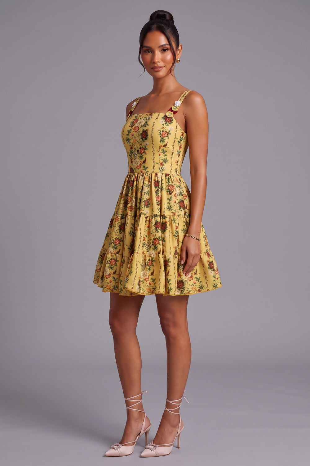 df63bb68eba18985 YELLOW FLORAL A-LINE FIT-AND-FLARE MINI DRESS