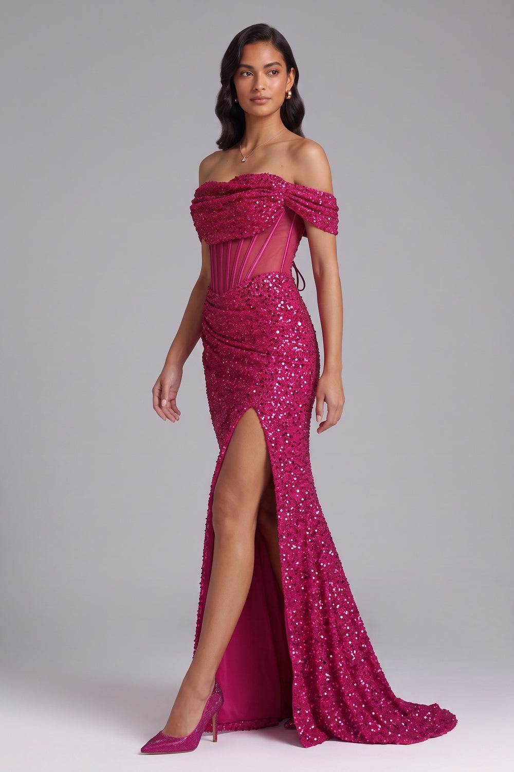 df8f37acdb818218 HOT PINK SEQUIN OFF-SHOULDER MERMAID PROM GOWN