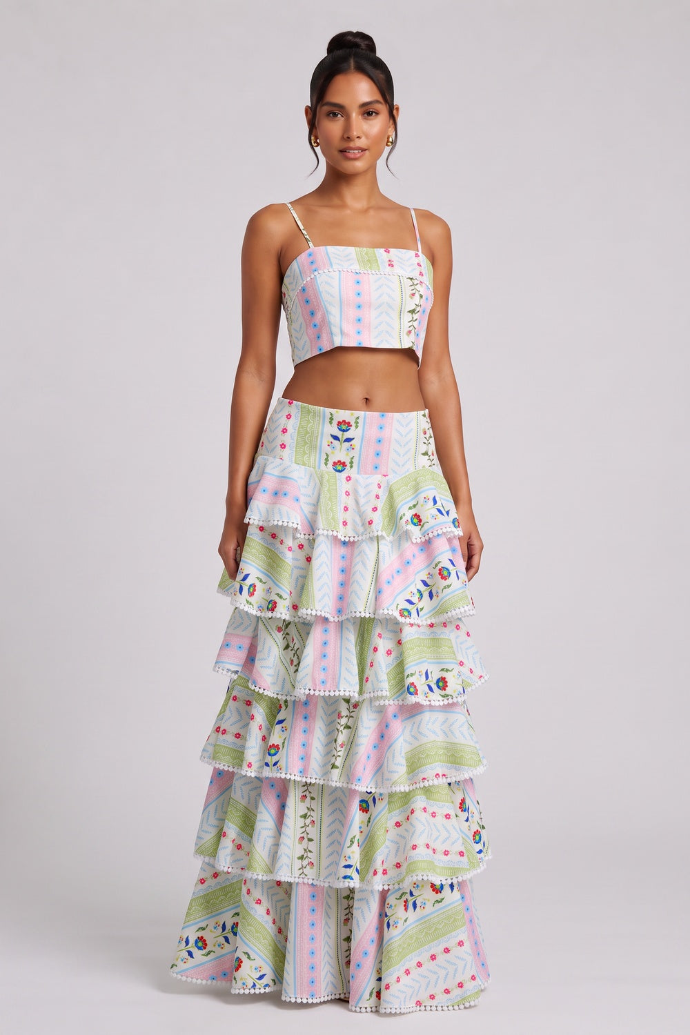 df92229263e6e831 TWO-PIECE SET | TIERED MAXI SKIRT | POM-POM TRIM