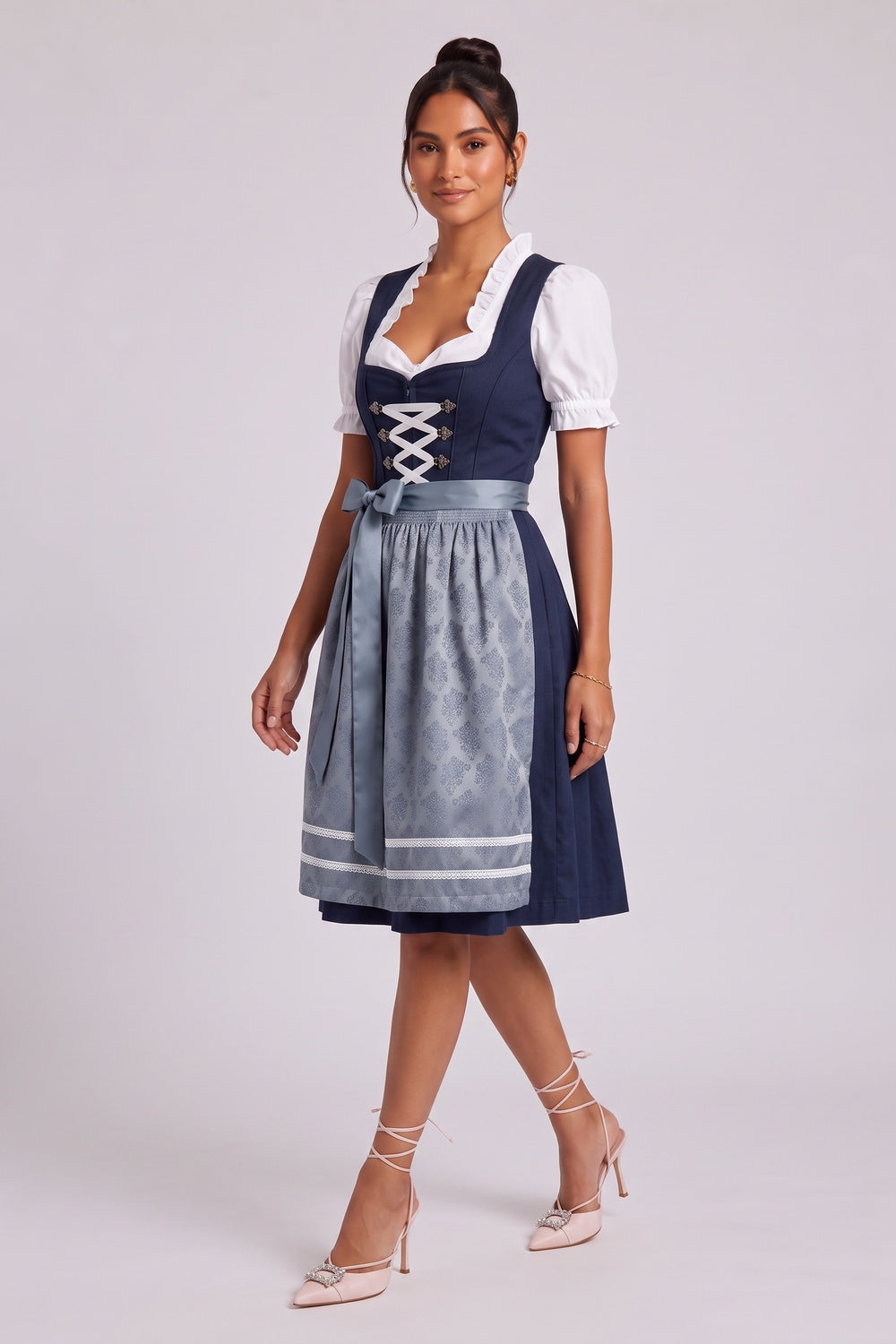 df9a7a7e44086f9f NAVY BLUE FIT-AND-FLARE DIRNDL SET, MATTE COTTON BLEND