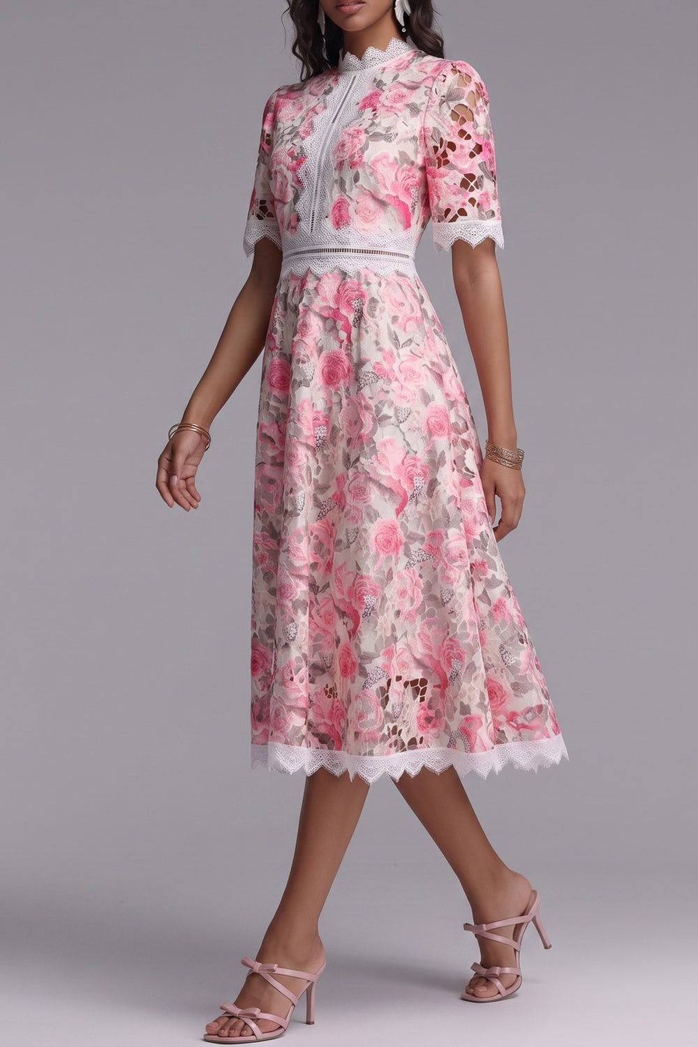 dfc3e858fa430d99 PINK LACE MIDI DRESS, FLORAL CUTOUT, WEDDING GUEST