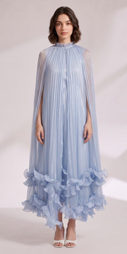 LIGHT BLUE PLEATED CAPE DRESS WITH RUFFLE HEM