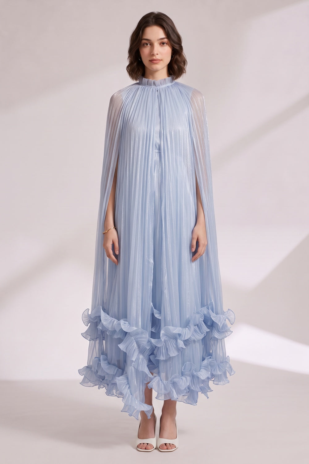 e007773d30faf315 LIGHT BLUE PLEATED CAPE DRESS WITH RUFFLE HEM