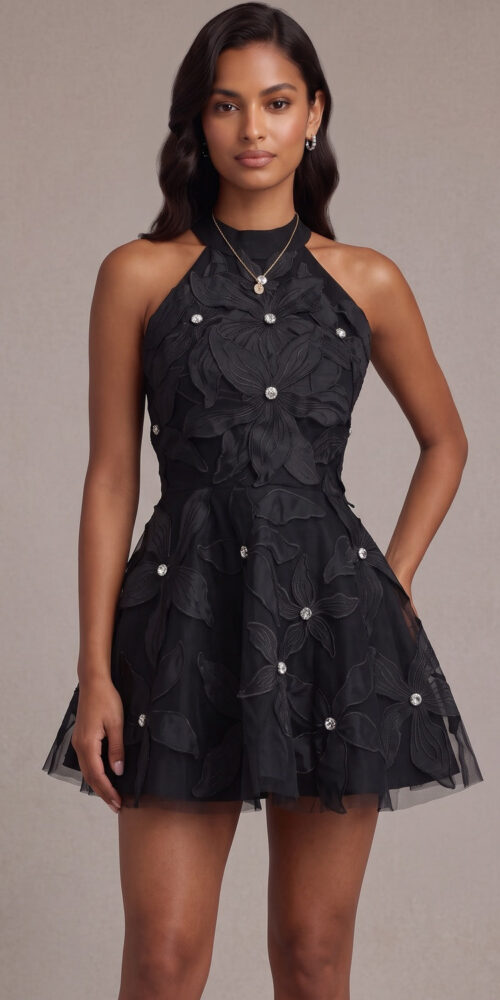 e0d86816e70c4048 BLACK ORGANZA FIT-FLARE MIDI DRESS