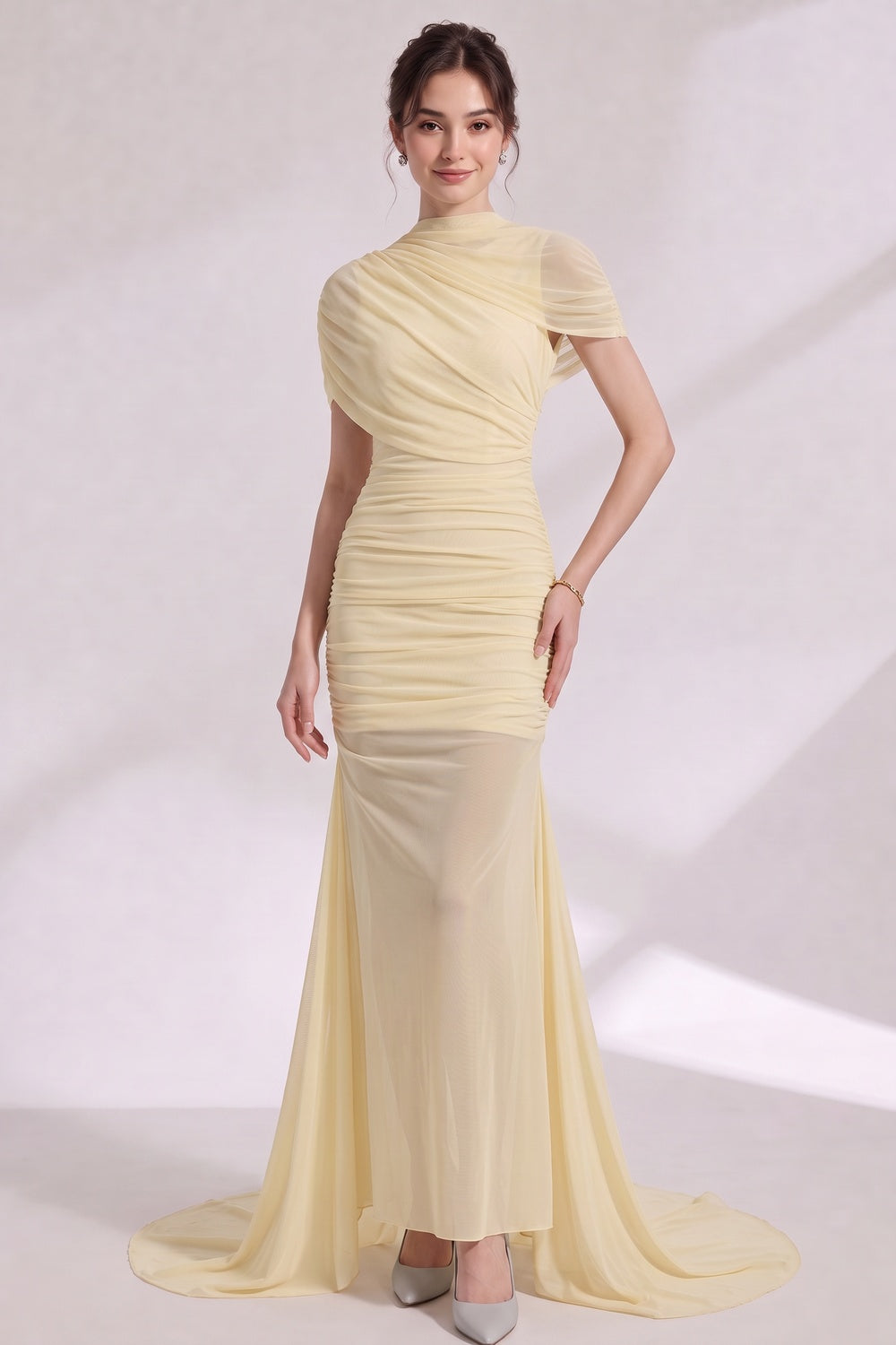 e0e9ef4e98fe94c2 PALE YELLOW SHEER MERMAID EVENING GOWN WITH TRAIN