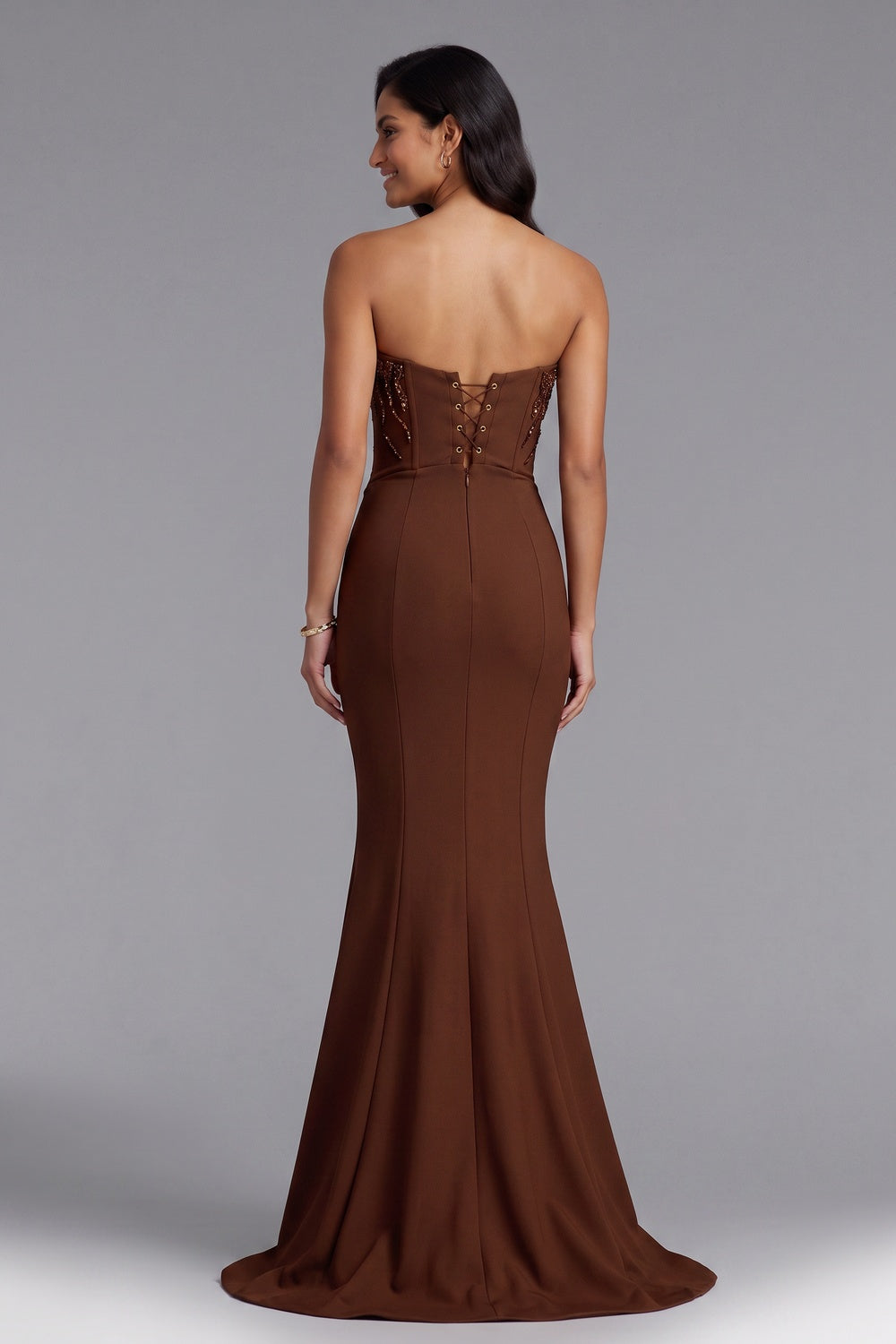 e17bfbb38277da35 BROWN STRAPLESS BEADED MERMAID EVENING GOWN