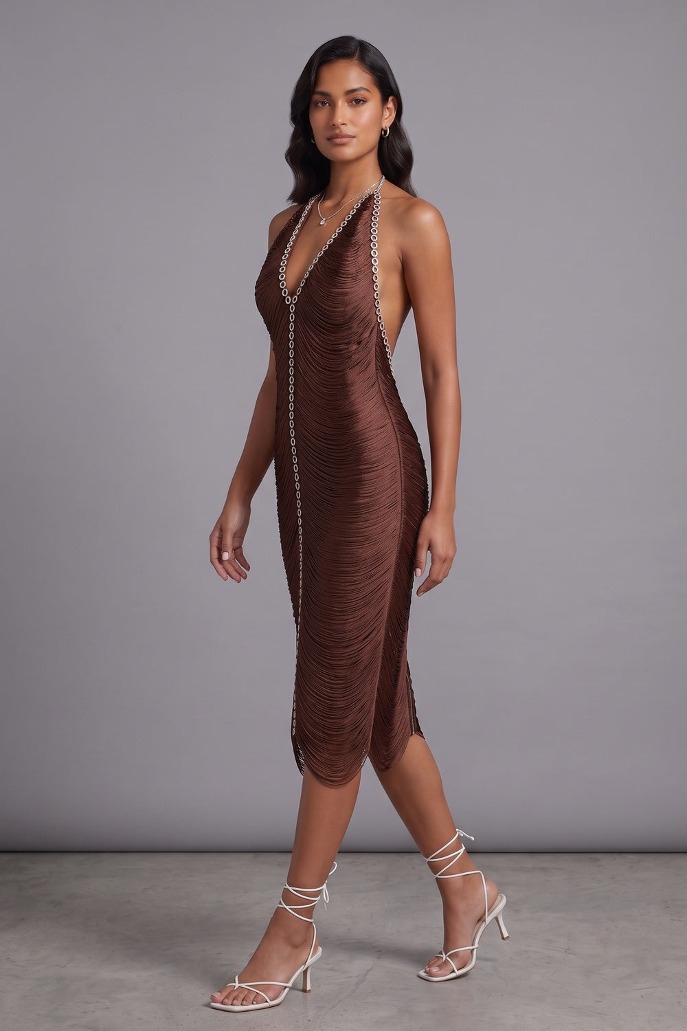 e1b9026e9ef48800 CHOCOLATE MICRO-FRINGE SHEATH DRESS FOR COCKTAIL