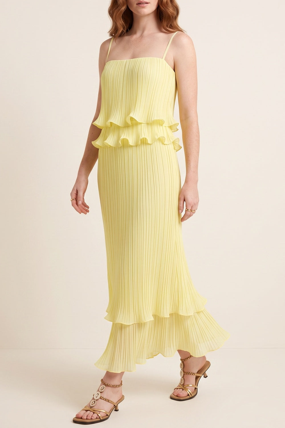 e2203921a8c655a3 PLEATED RUFFLE CAMI TOP & TIERED MIDI SKIRT SET