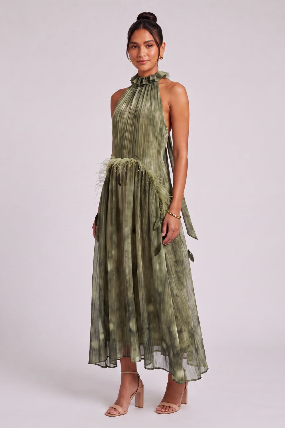 e238e680ab945d9f OLIVE GREEN CHIFFON HALTER A-LINE MIDI DRESS