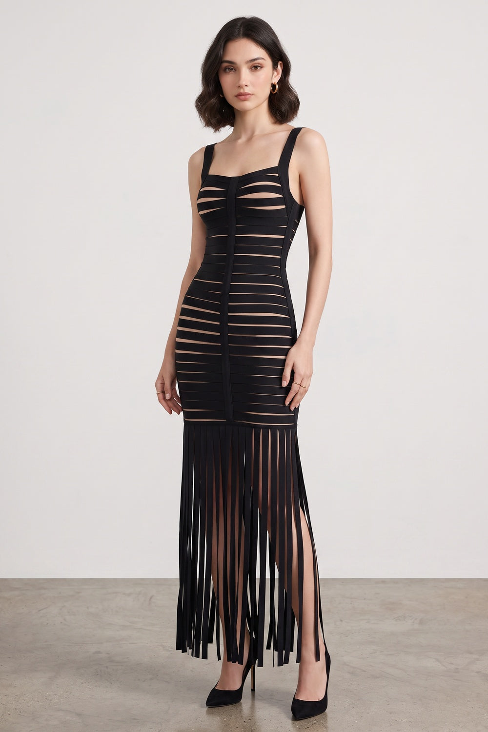 e28fc6ee486cf9bc BLACK FRINGE BANDAGE KNIT MAXI DRESS FOR EVENING