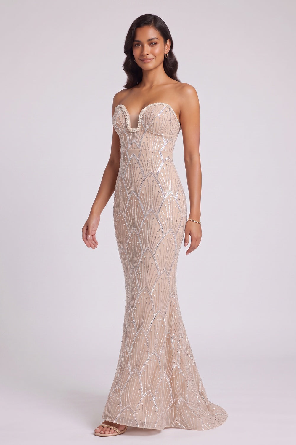 e2c137d7343a7940 BEADED MERMAID STRAPLESS EVENING GOWN FLOOR-LENGTH