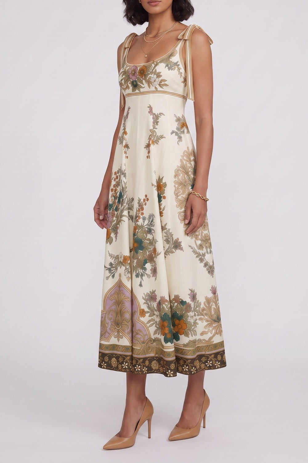 e2d23217bf483fc6 VINTAGE FLORAL TIE STRAP EMPIRE MIDI DRESS