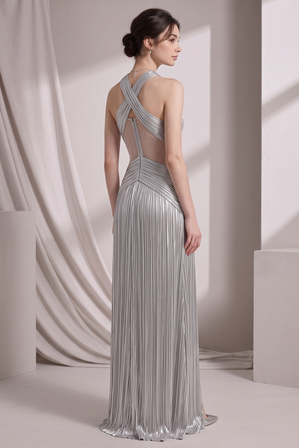 e2d612bf74e931aa SILVER METALLIC PLISSE COLUMN GOWN EVENING