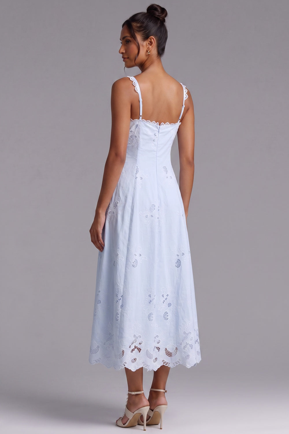 e30ffd44ba439e67 LIGHT BLUE EYELET A-LINE MIDI DRESS FOR SUMMER