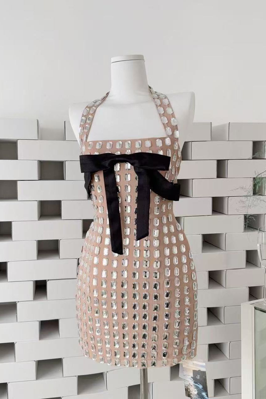 e34091fa1341caf26cf5737599e2525b NUDE SEQUIN SHEATH DRESS SILVER TILE BLACK BOW COCKTAIL