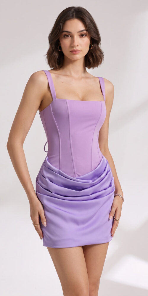 LAVENDER CORSET BODYCON DRESS, STRUCTURED DRAPE MIDI