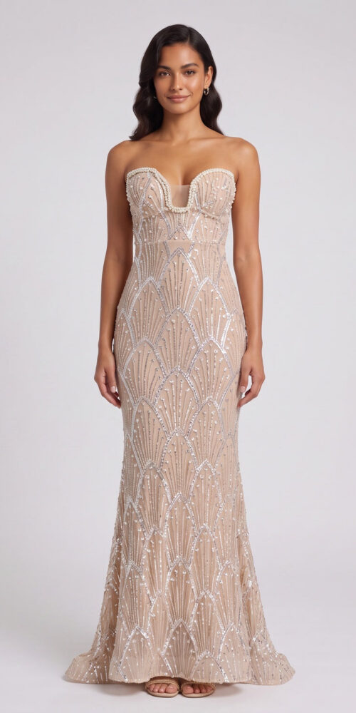 BEADED MERMAID STRAPLESS EVENING GOWN FLOOR-LENGTH