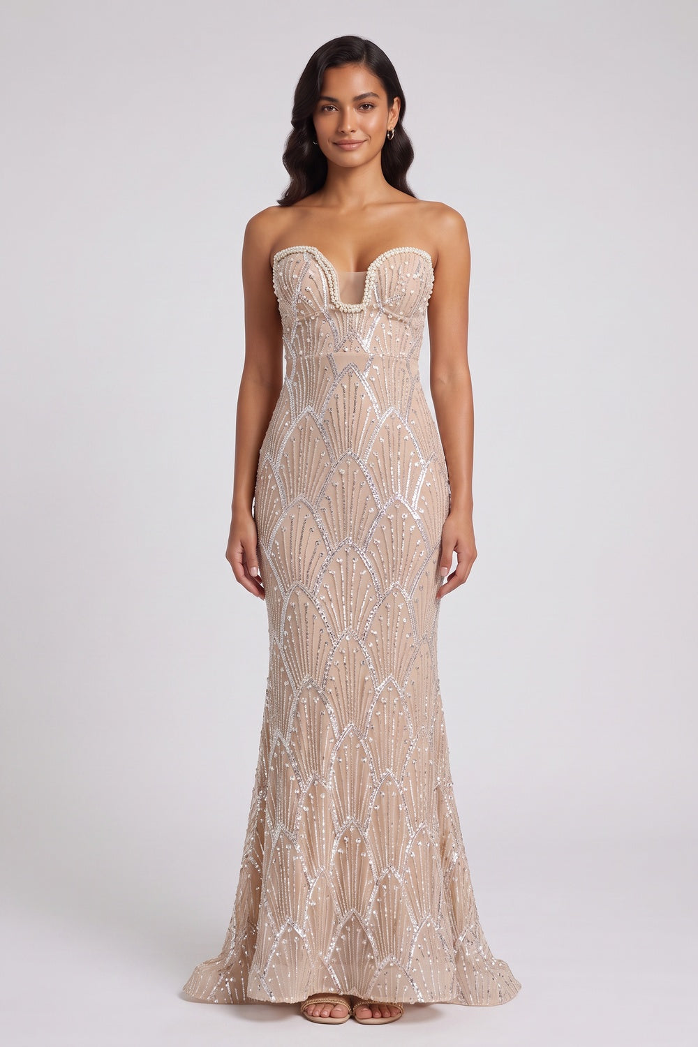 e38cc57c4a73e526 BEADED MERMAID STRAPLESS EVENING GOWN FLOOR-LENGTH