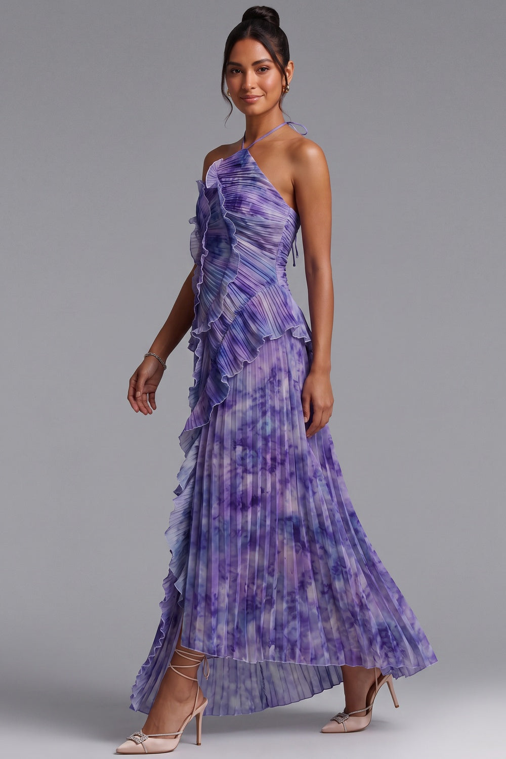 e39184fd845b6c7e PURPLE TIE-DYE PLEATED CHIFFON A-LINE MAXI DRESS