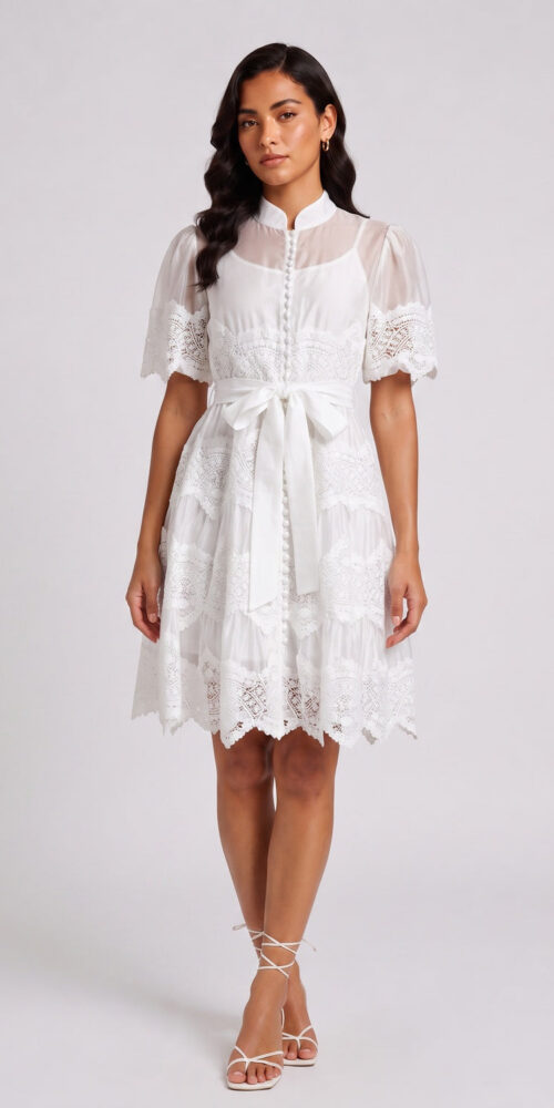 e3920f09e907a195 WHITE MANDARIN COLLAR PUFF SLEEVE TIERED LACE MIDI DRESS