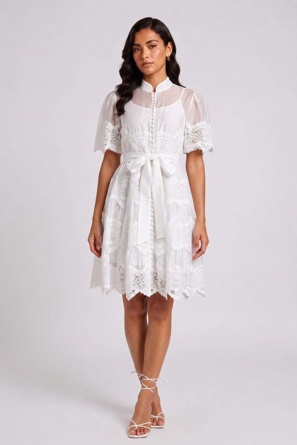e3920f09e907a195 WHITE MANDARIN COLLAR PUFF SLEEVE TIERED LACE MIDI DRESS