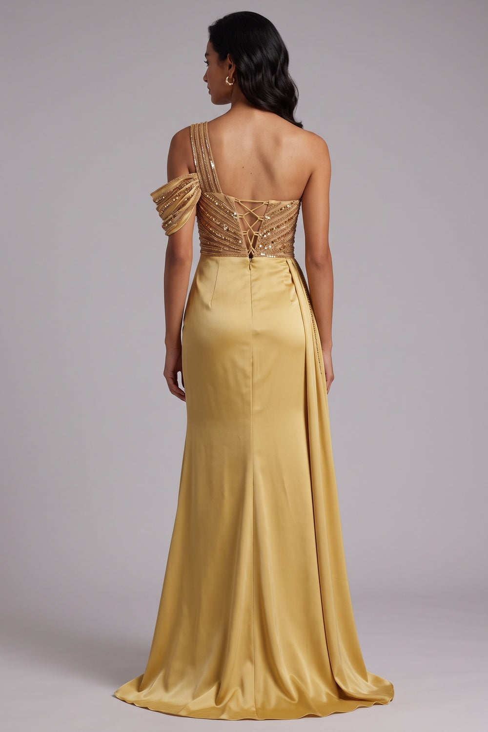 e3c4ef73806b652f ONE SHOULDER BEADED MERMAID SATIN EVENING GOWN