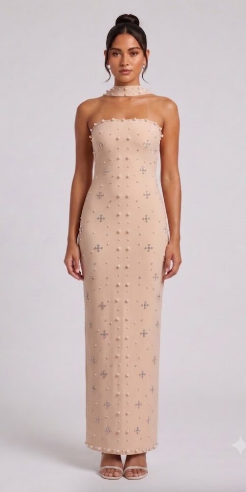 e41aa1ff-9ca1-406a-80a1-2482f30d101b BEIGE PEARL HALTER MAXI DRESS WEDDING GUEST