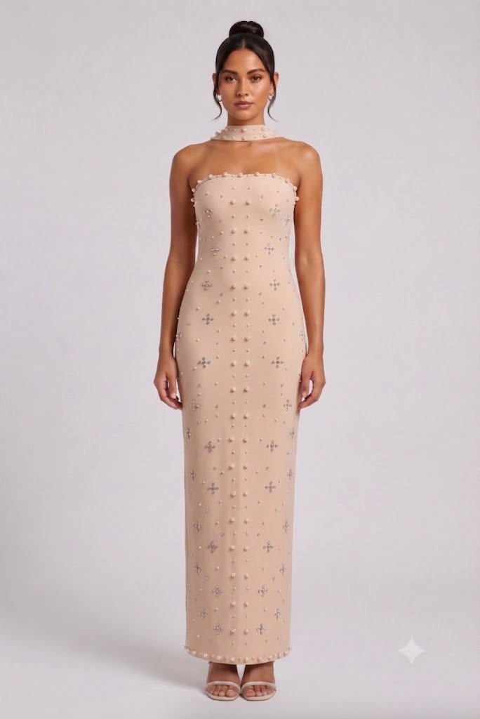 BEIGE PEARL HALTER MAXI DRESS WEDDING GUEST