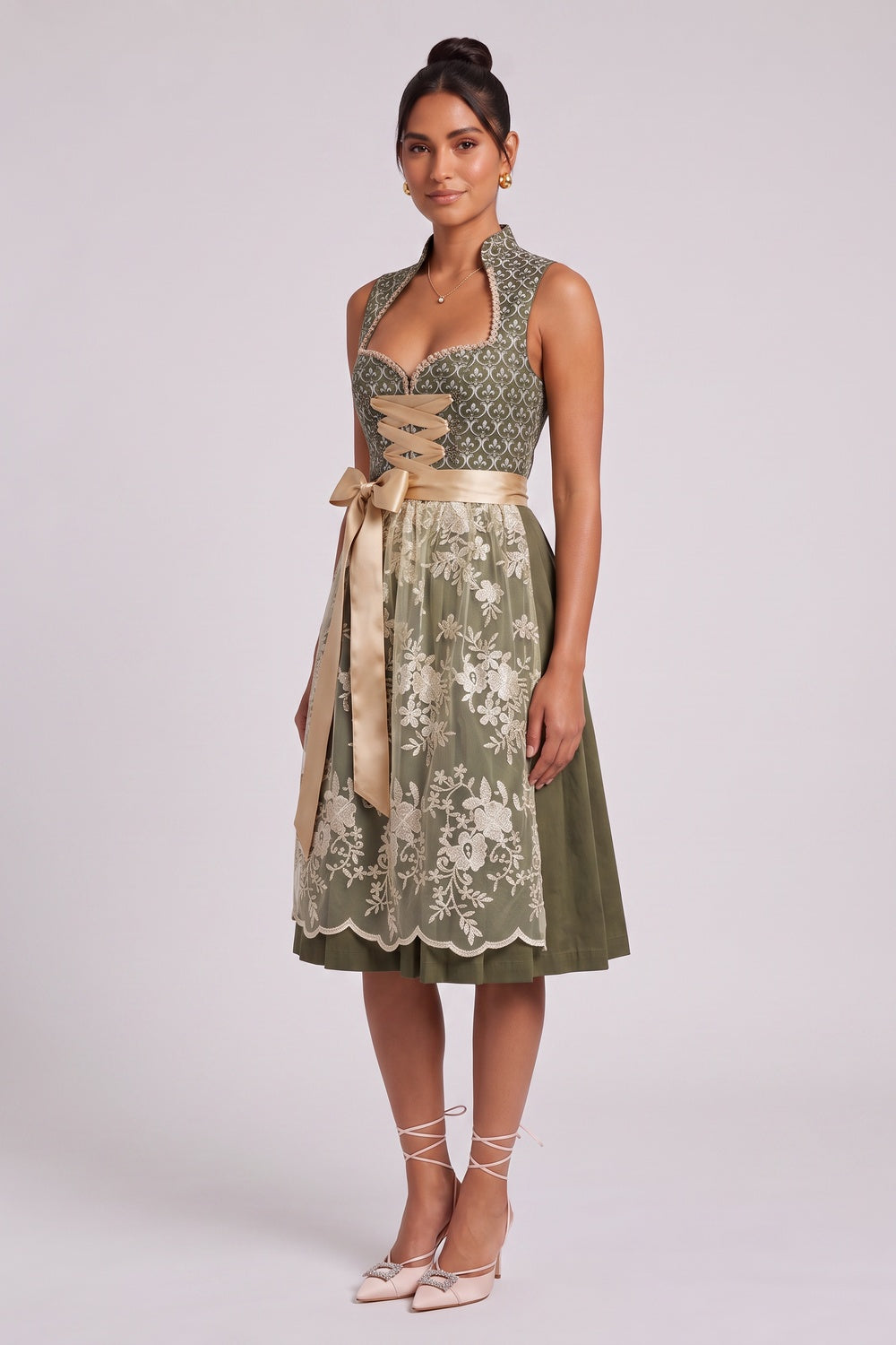 OLIVE GREEN JACQUARD BODICE FIT-FLARE DIRNDL