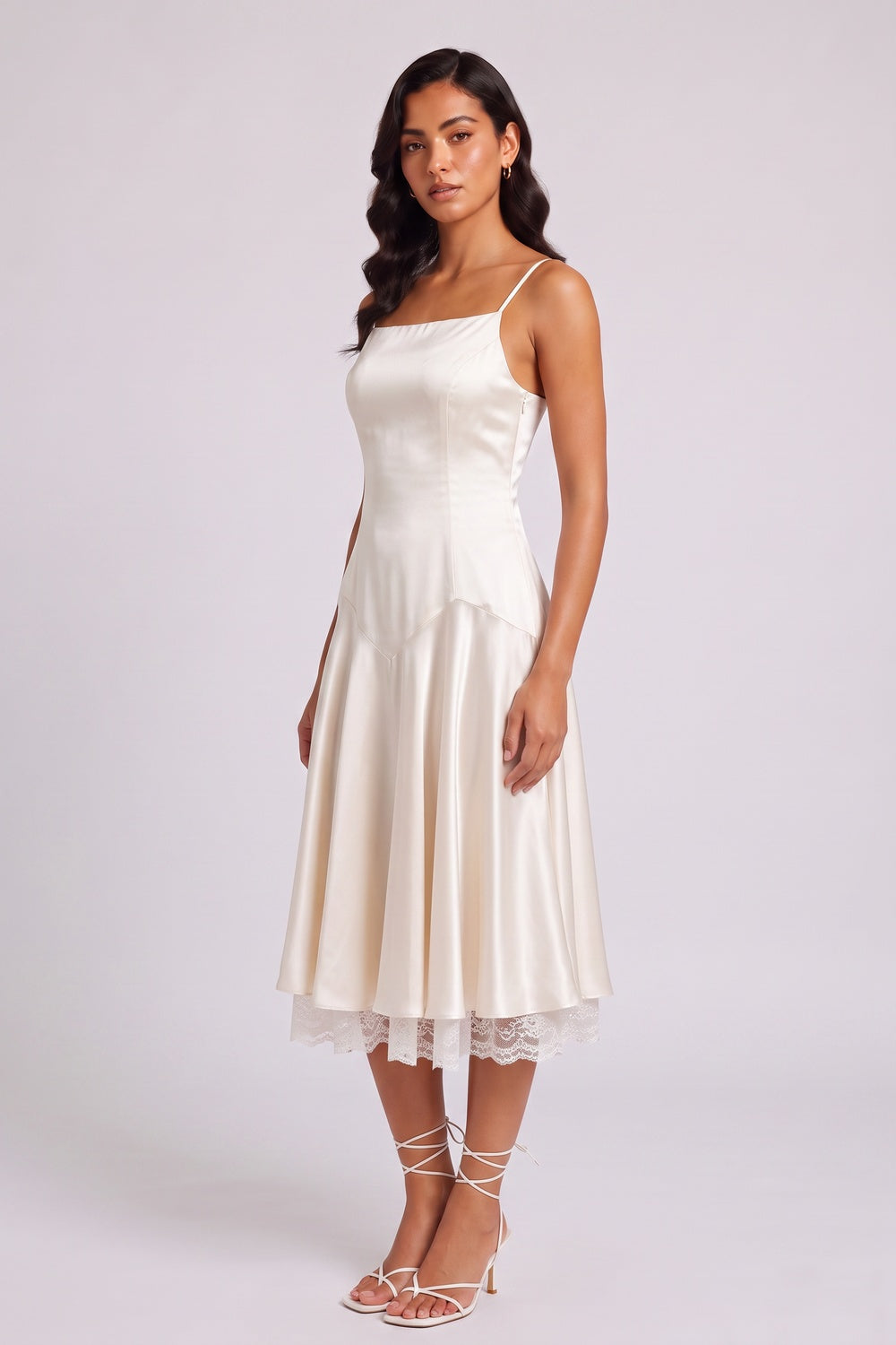 IVORY SATIN MIDI SLIP DRESS, SPAGHETTI STRAP LACE HEM