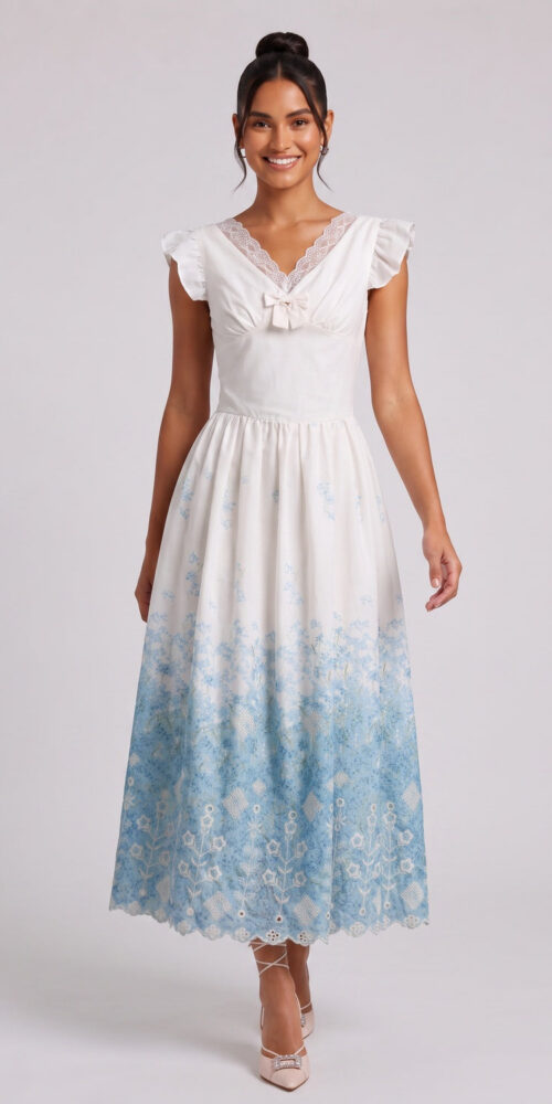 e435e6f6bd993eb7 WHITE FIT-AND-FLARE MIDI DRESS WITH FLORAL EYELET