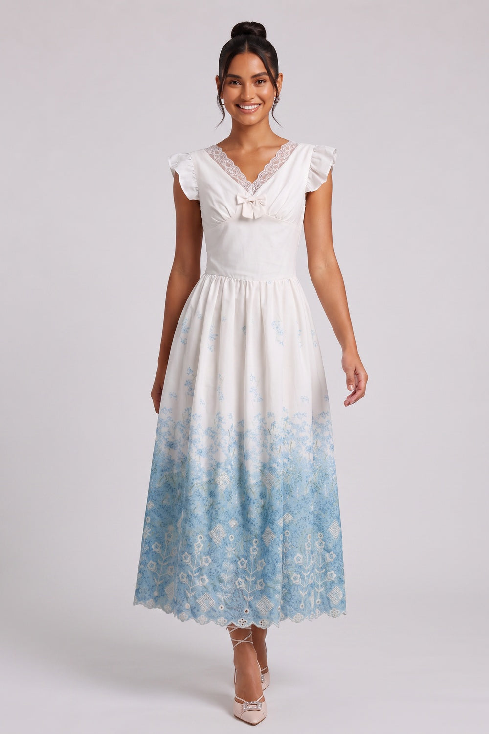 e435e6f6bd993eb7 WHITE FIT-AND-FLARE MIDI DRESS WITH FLORAL EYELET