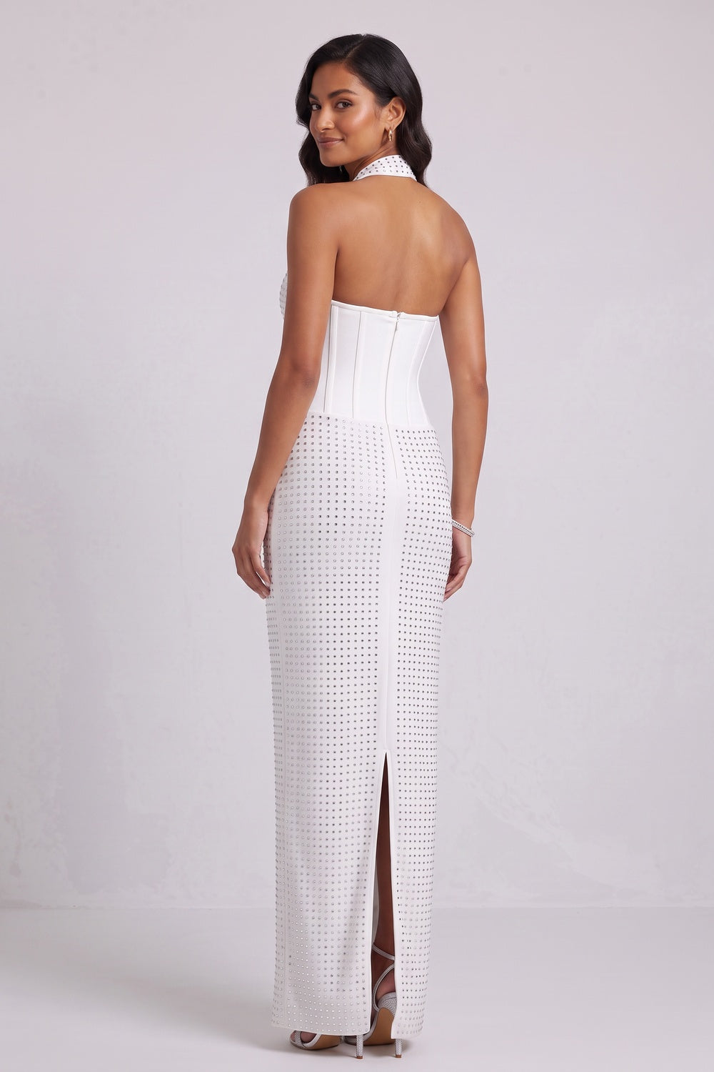 e45a8d9f552ed146 WHITE STRUCTURED KNIT COLUMN GOWN