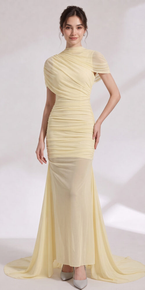 e46296aadbba1397 PALE YELLOW SHEER MERMAID EVENING GOWN WITH TRAIN