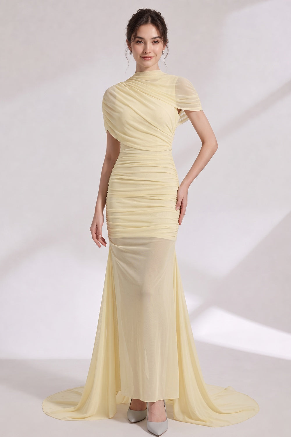 e46296aadbba1397 PALE YELLOW SHEER MERMAID EVENING GOWN WITH TRAIN