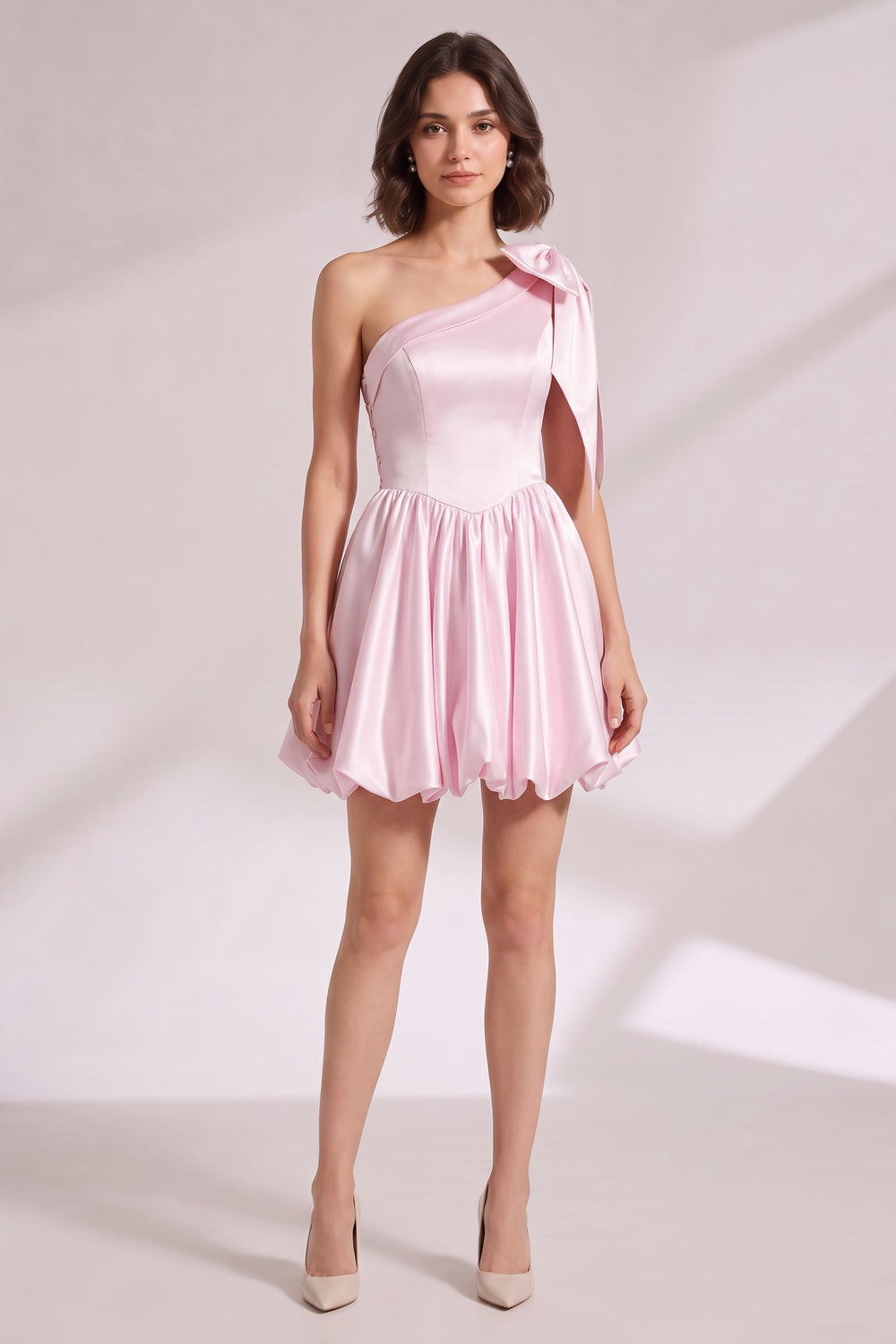 e480c8472419b974 LIGHT PINK ONE-SHOULDER BOW MINI DRESS