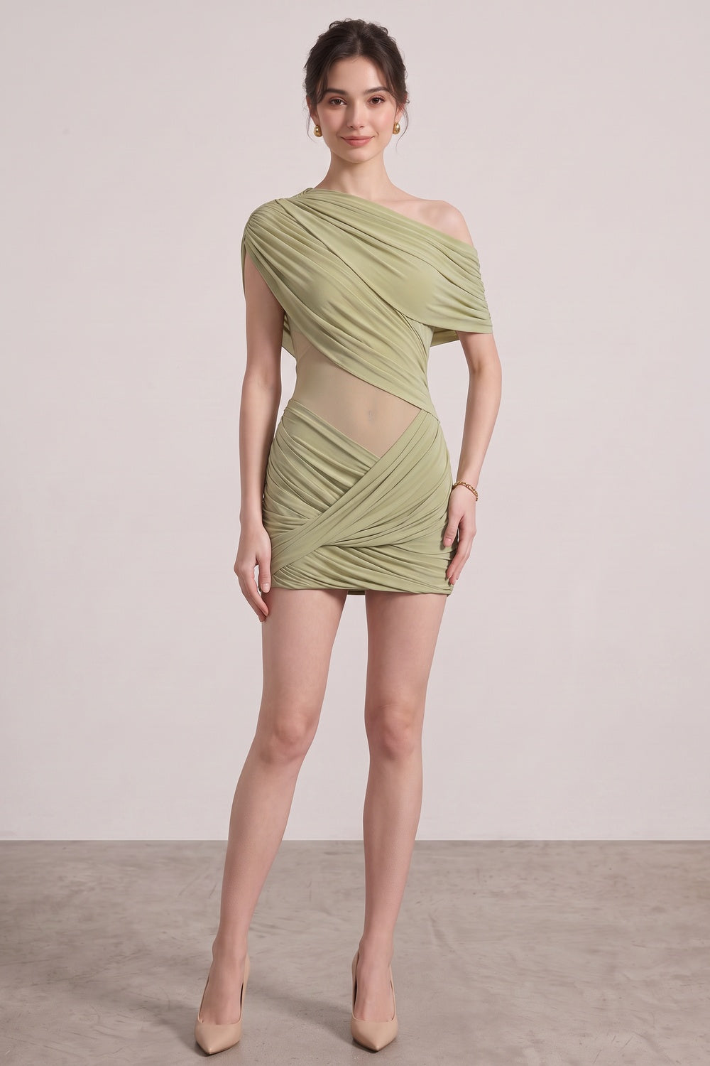 e4a6566df36d972a SAGE GREEN ASYMMETRIC DRAPED COCKTAIL MINI DRESS