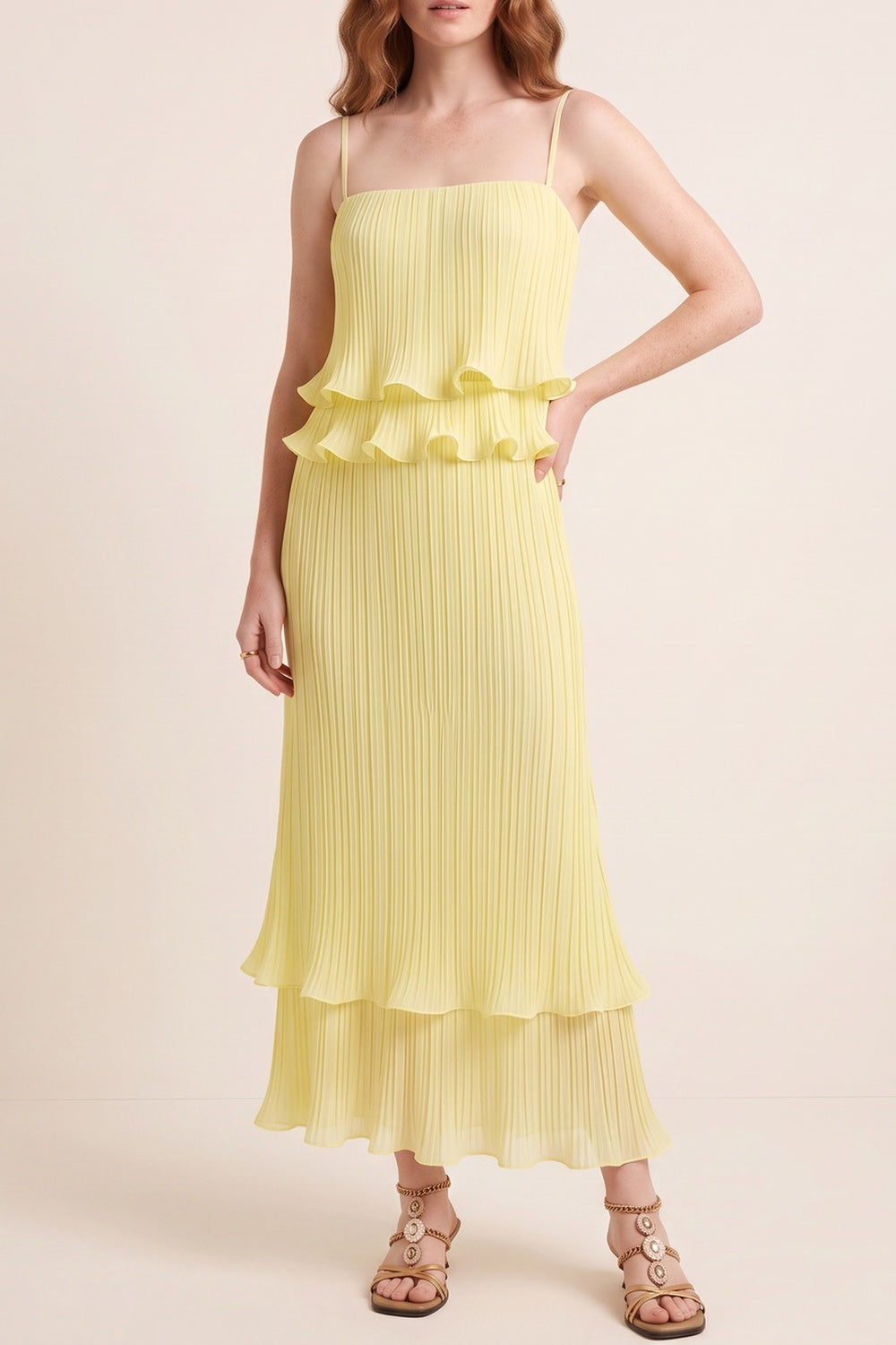 e57c7c5c3cbd01e9 PLEATED RUFFLE CAMI TOP & TIERED MIDI SKIRT SET