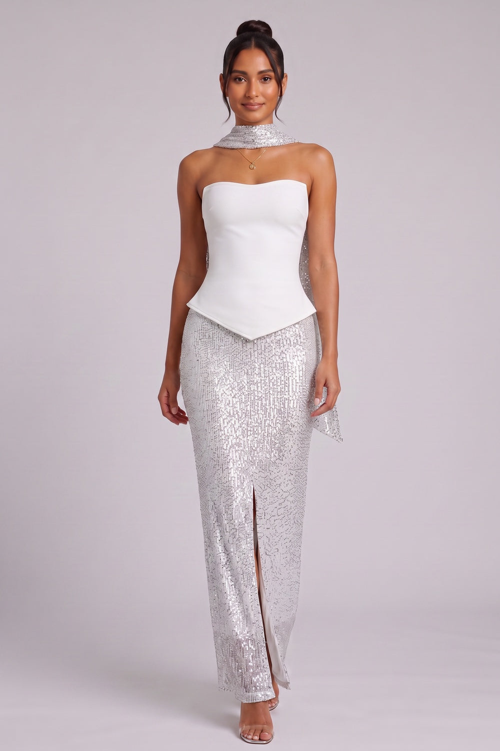 e5d5e582e7545528 WHITE STRAPLESS SEQUIN GOWN SILVER SCARF COCKTAIL
