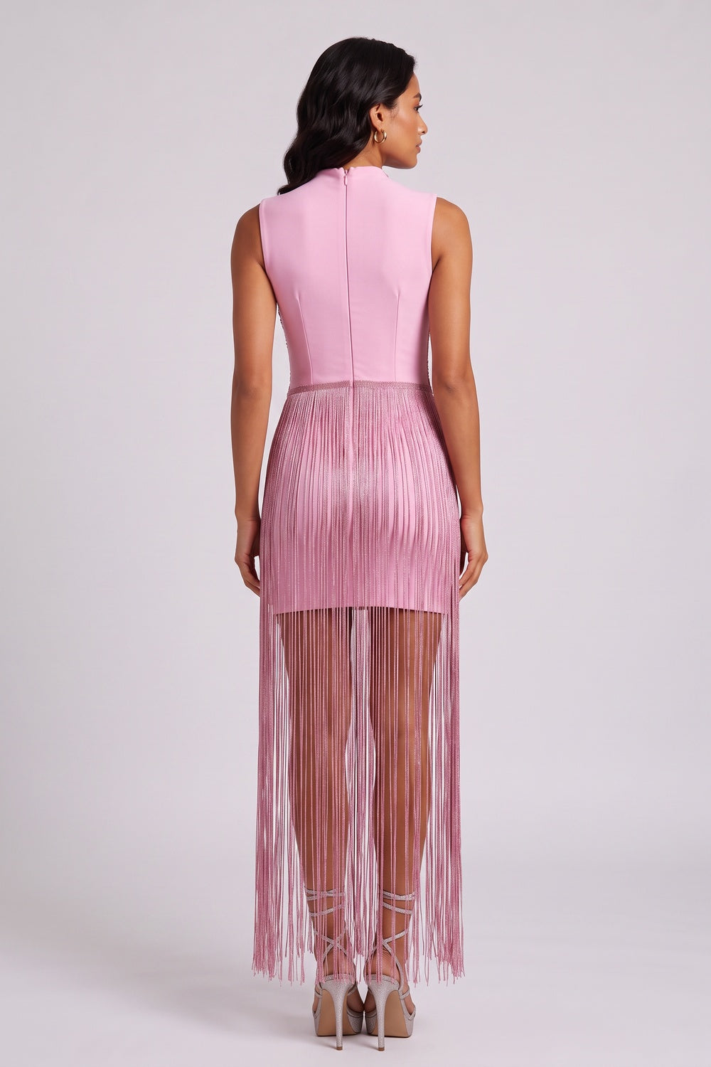 e5da27b408f27fdf METALLIC TWIST NECK FRINGE MIDI DRESS, PARTY