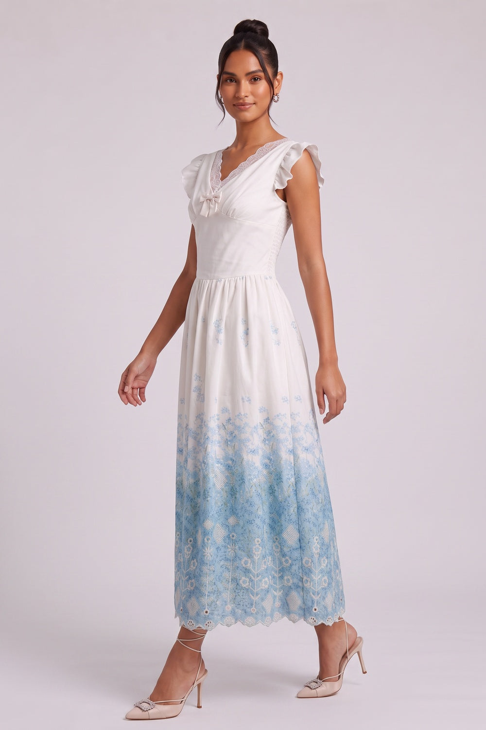 e64a8f0f8a0b167b WHITE FIT-AND-FLARE MIDI DRESS WITH FLORAL EYELET