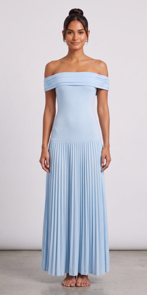e679f8f2dec876cc LIGHT BLUE OFF-SHOULDER PLEATED MAXI DRESS