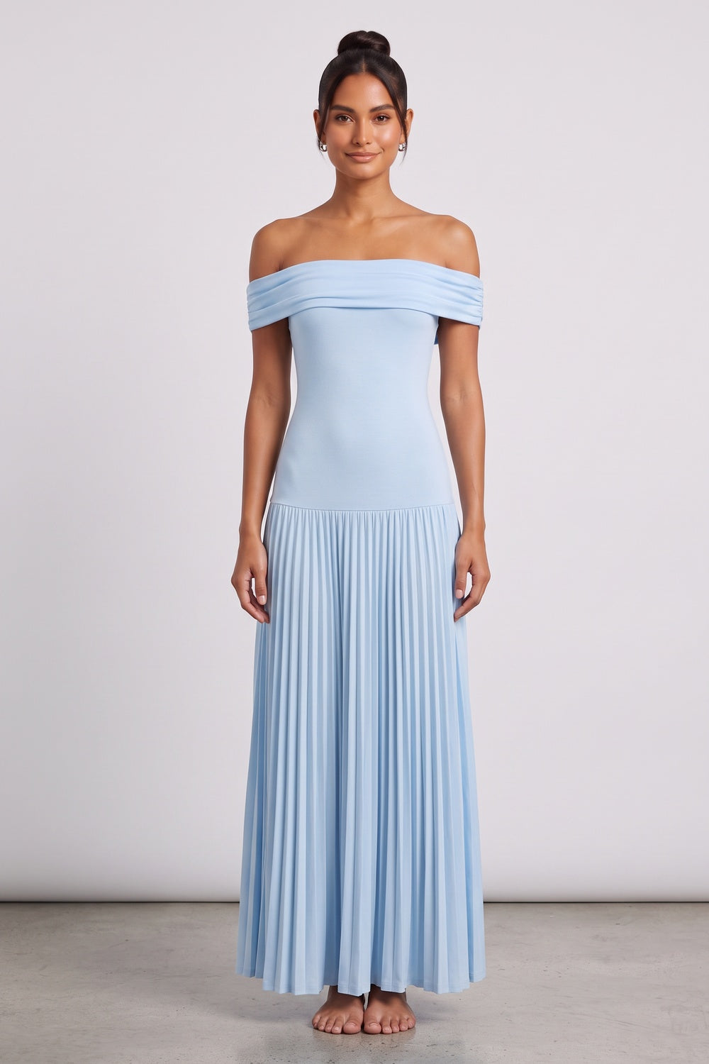 e679f8f2dec876cc LIGHT BLUE OFF-SHOULDER PLEATED MAXI DRESS