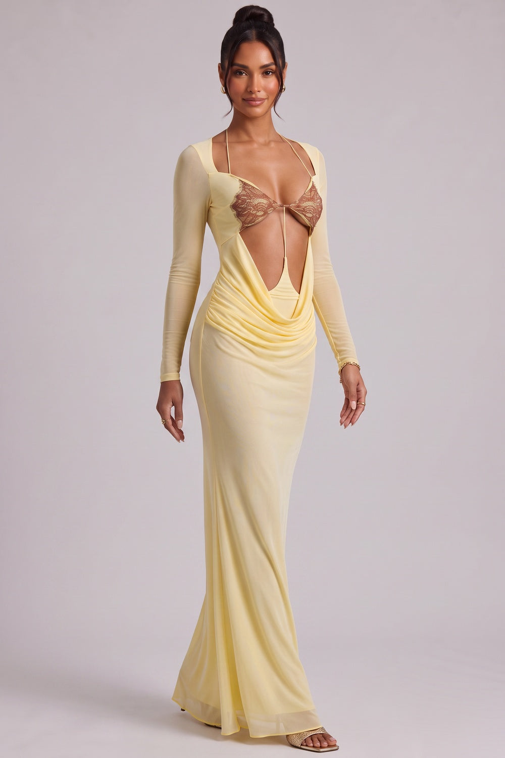 e69e803ef94a8a47 PALE YELLOW CUTOUT MAXI DRESS LONG SLEEVE