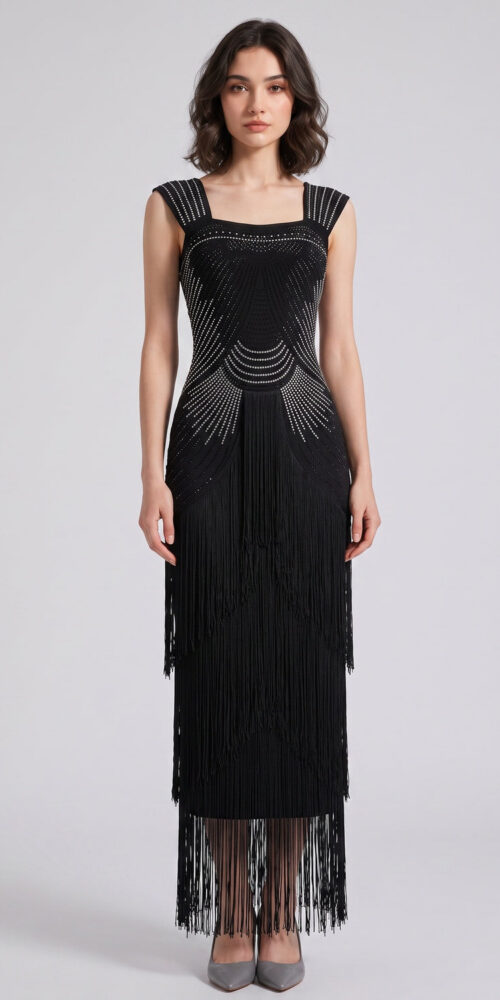 e6f74a376f68de01 BLACK ART DECO BEADED SHEATH COCKTAIL DRESS FRINGE